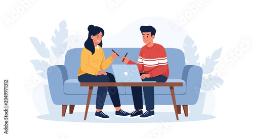 Teamwork and Collaboration: Two people working together on a laptop on a sofa