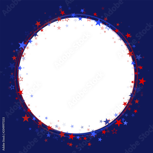 Usa round frame background, American stars falling confetti, festive circle starry design with place for text, for card, flyer, banner