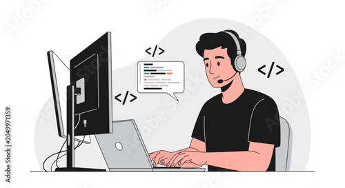 Programmer wearing headset working on computers, coding, and communicating, modern flat design