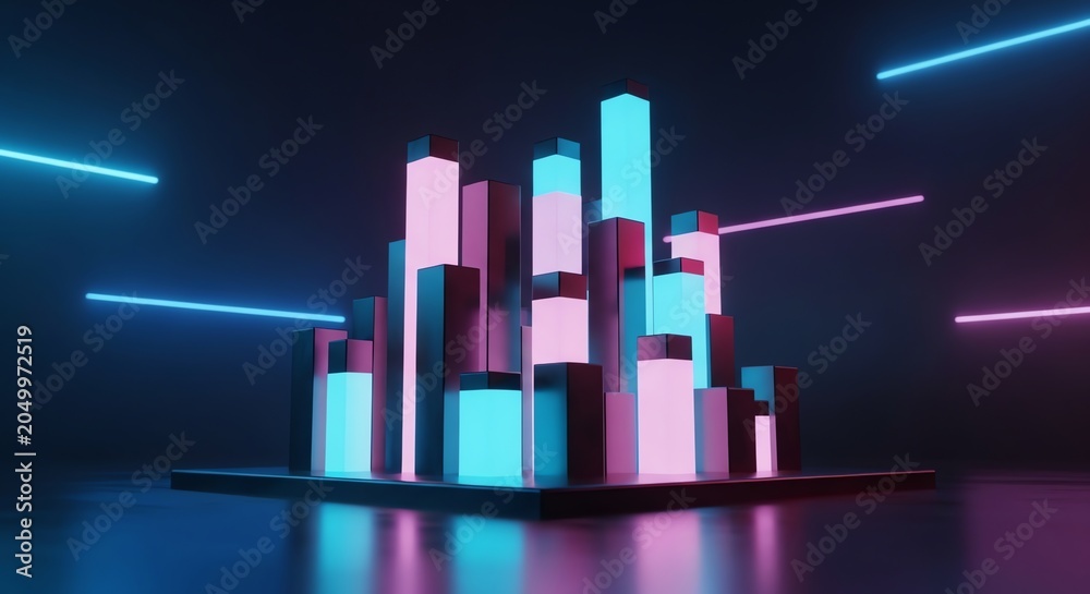 Fototapeta premium Futuristic 3D abstract bar chart with glowing neon pink and cyan lights, representing data growth, technology, business success, and modern finance, displayed against a dark backdrop.