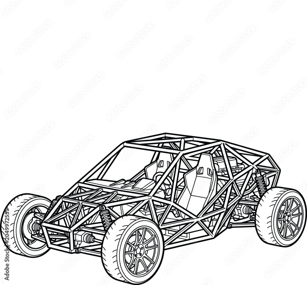 Fototapeta premium Custom off-road buggy vector illustration, tubular chassis sand rail frame, high-performance desert racing vehicle line art, automotive engineering sketch