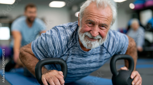 Eighty-year-old retired carpenter performing Turkish get-up exercise in community center under coach supervision, functional fitness aging program, full-body mobility and strength maintenance, fall 