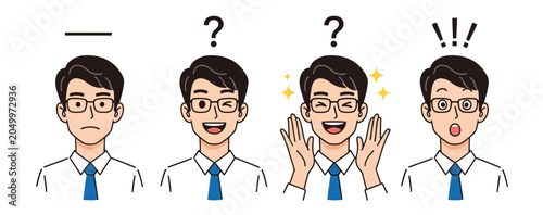 Photos Young man character with glasses showing variety of facial expressions including neutral smiling laughing and surprised face for business office professional