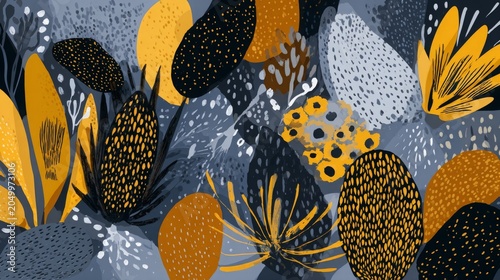 Abstract vector seamless pattern featuring botanical and biology inspired motifs, repeating organic shapes, endless tiling design, natural organism structure and decorative background