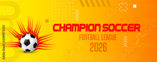 Champion soccer football league 2026 banner with abstract dynamic elements.