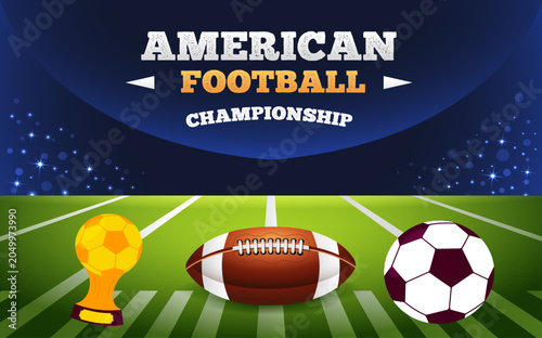 American football championship trophy ball and soccer ball.