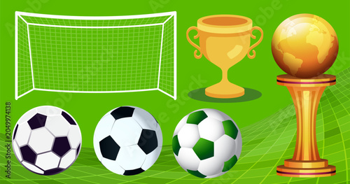 Soccer game objects set featuring football goal trophy and classic ball elements.