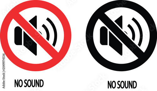 No sound restriction vector sign icon set featuring red and black prohibition circles crossing out a loud speaker symbol.