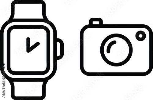 Minimalist vector icon set of a modern smart watch with clock face and a compact digital photo camera linear.