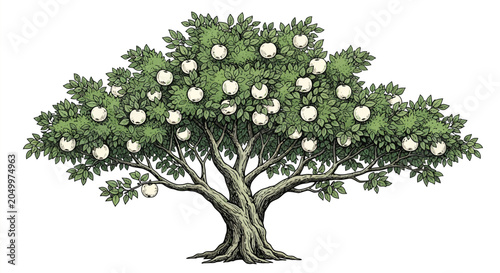 Foto A beautiful white apple tree illustration, detailed and vibrant, showcasing a healthy tree with many ripe white apples ready for harvest