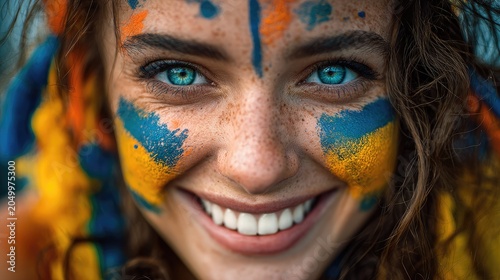 Close up of hopeful Brazilian woman fan celebrating with painted cheeks for World Cup, Generative Ai