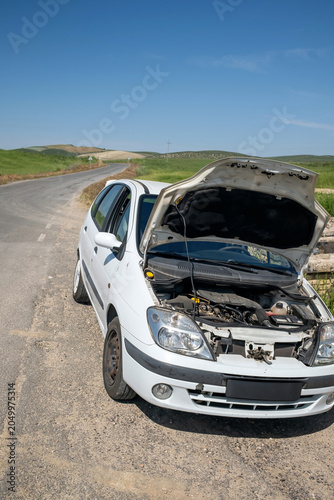 Quadro su tela White car with open hood stopped on a rural road, indicating an engine problem o