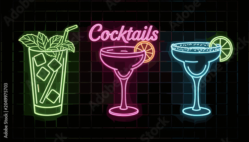 Neon Cocktails Glowing Against Dark Grid Background