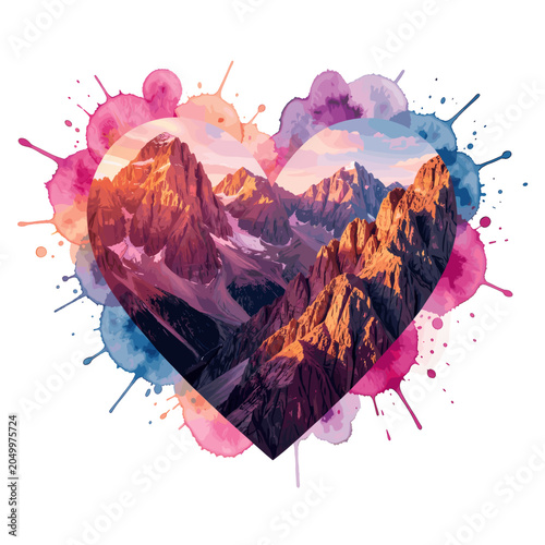 Mountain Landscape Inside Heart Shape with Colorful Watercolor Splash Background