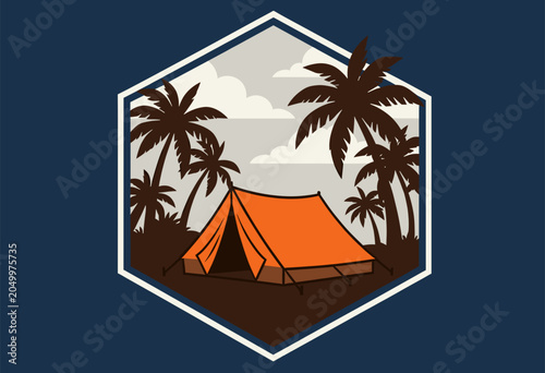 Orange Tent Camping in Tropical Palm Forest Scene Illustration