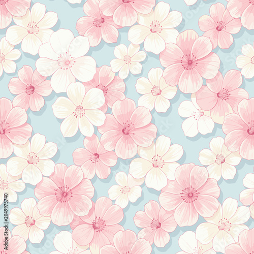 Pink and White Cherry Blossoms Pattern on Pastel Blue Background