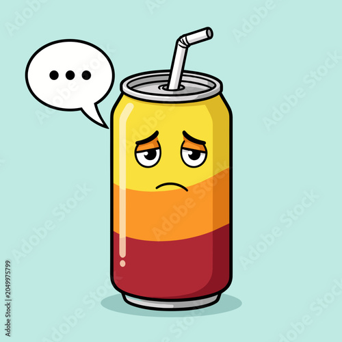 Sad Cartoon Soda Can with Straw and Thought Bubble