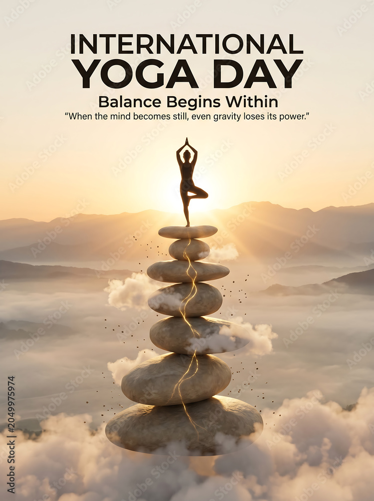 Obraz premium Celebration of international yoga day with a woman practicing yoga in a tree pose on stacked stones at sunrise symbolizing balance mindfulness