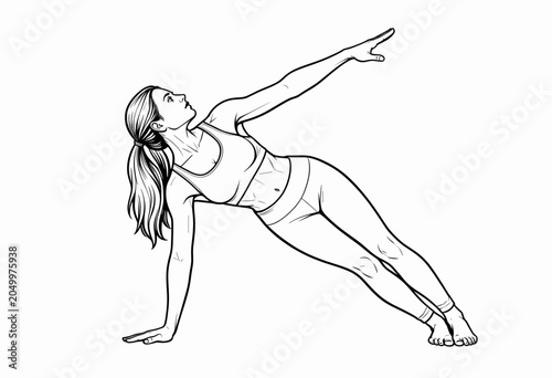 Woman Practicing Side Plank Yoga Pose in Minimalist Line Art Illustration