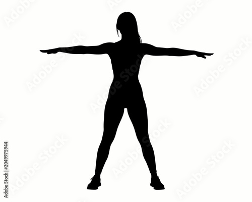 Woman Silhouette Stretching Arms Wide Against White Background