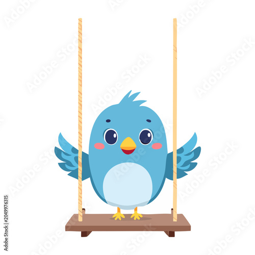 Cute blue bird character swinging on a wooden swing