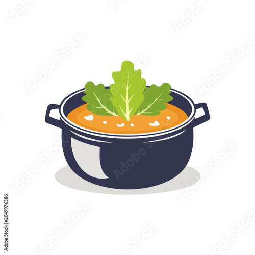 Flat design illustration of a pot of soup with leafy greens