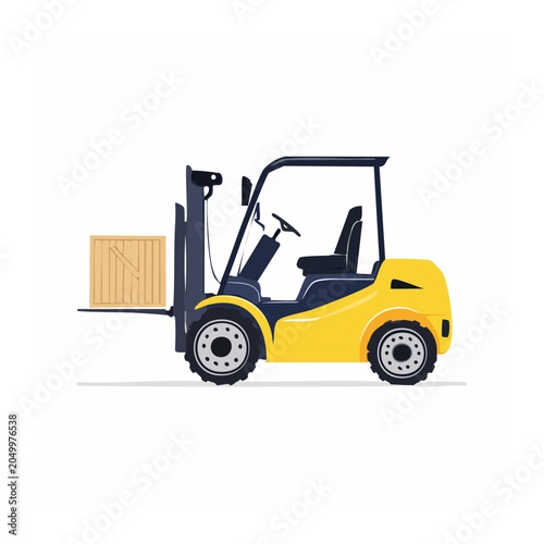 Yellow forklift truck carrying a wooden crate