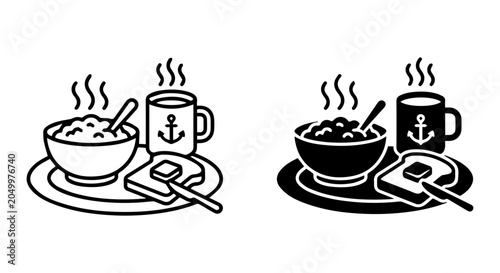 Breakfast icon set, outline and solid, white background