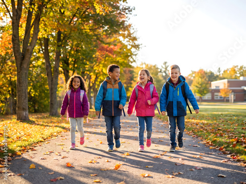 Four School Children Walking Together on an Autumn Park Path with Backpacks