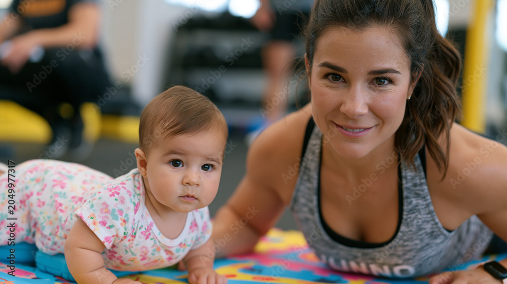 Obraz premium New mother six months postpartum completing a supervised postpartum fitness circuit in a gym, baby lying on a play mat visible nearby, strength coach observing form, the setting warm and functional,