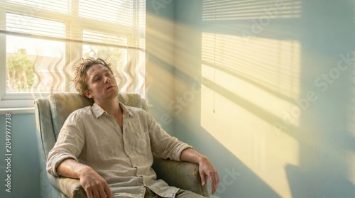 An exhausted sweating man sitting on an armchair suffering from extreme summer heat wave inside a room, copy space