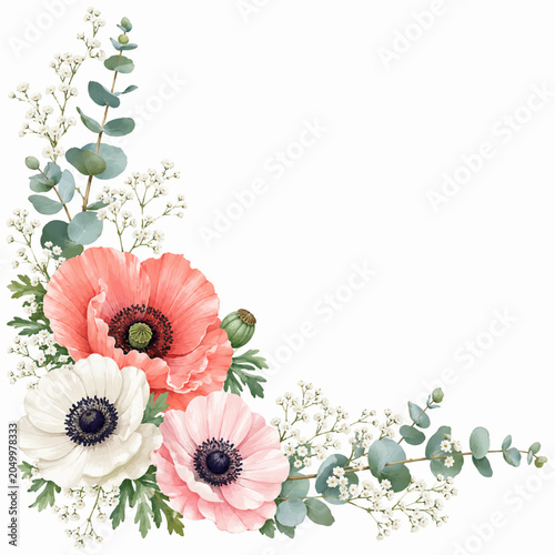 Foto Watercolor Poppy and Anemone Corner Floral Arrangement with Eucalyptus Leaves