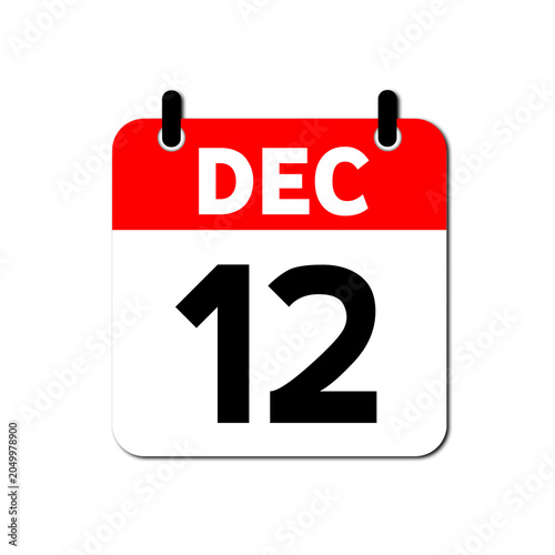 December 12th Daily Calendar Icon Vector - Flat Red and White Date Page Symbol for Business Schedules, Event Planning, Deadlines, and Time Management Apps