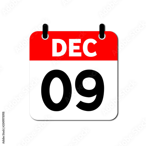 December 9th Daily Calendar Icon Vector - Flat Red and White Date Page Symbol for Business Schedules, Event Planning, Deadlines, and Time Management Apps