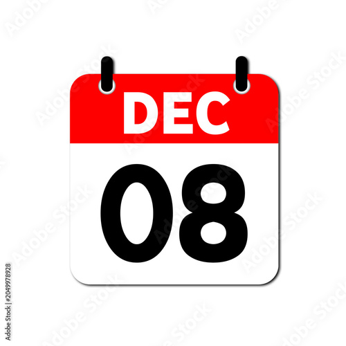 December 8th Daily Calendar Icon Vector - Flat Red and White Date Page Symbol for Business Schedules, Event Planning, Deadlines, and Time Management Apps