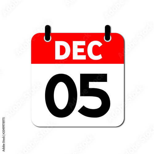 December 5th Daily Calendar Icon Vector - Flat Red and White Date Page Symbol for Business Schedules, Event Planning, Deadlines, and Time Management Apps