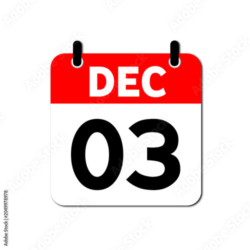 December 3rd Daily Calendar Icon Vector - Flat Red and White Date Page Symbol for Business Schedules, Event Planning, Deadlines, and Time Management Apps