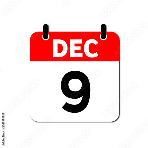 December 9th Daily Calendar Icon Vector - Flat Red and White Date Page Symbol for Business Schedules, Event Planning, Deadlines, and Time Management Apps