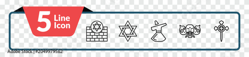 Foto outline religion icons set - kotel, star of david, holy elephant, aaronic order church