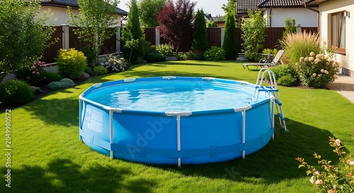 Above ground pool in a backyard with green grass and garden