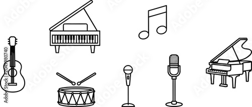 Musical instrument illustration collection featuring guitar, drum, piano, microphones, musical note, black line art, and sound design