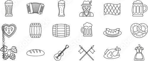 Oktoberfest icon illustration collection featuring beer mugs, accordion, Bavarian attire, pretzel, sausage, gingerbread heart, and festival design