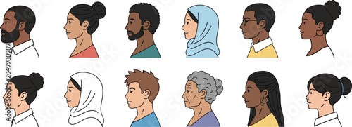 Portrait illustration collection featuring diverse people, side profiles, hairstyles, cultural clothing, skin tones, inclusivity, and character design