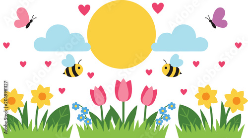 Spring scene illustration featuring sun, clouds, bees, butterflies, flowers, grass, hearts, colorful nature, and lively seasonal design