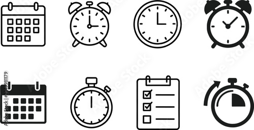 Time management icon illustration collection featuring calendar, alarm clock, stopwatch, checklist, timer, productivity tools, and scheduling design