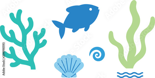 Underwater scene illustration featuring fish, coral, seaweed, seashell, spiral motif, aquatic elements, marine life, and ocean design