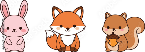 Woodland animal illustration collection featuring rabbit, fox, squirrel with acorn, cute cartoon style, and playful nature design