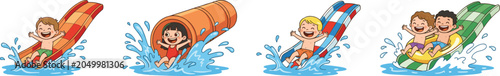 Water park illustration collection featuring children sliding, colorful slides, splashing water, playful cartoon style, and fun summer design