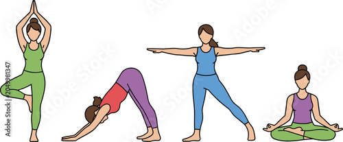 Yoga pose illustration collection featuring tree, downward dog, warrior, meditation, balance, flexibility, mindfulness, and wellness design