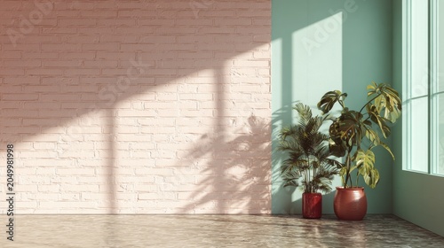 Bright Sunlight Casting Shadow on White Brick Wall with Houseplants in Room